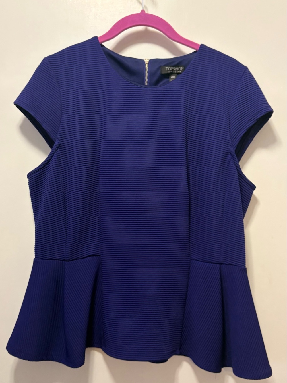 TOPShop - purple/periwinkle ribbed peplum cap sleeve top- size 12